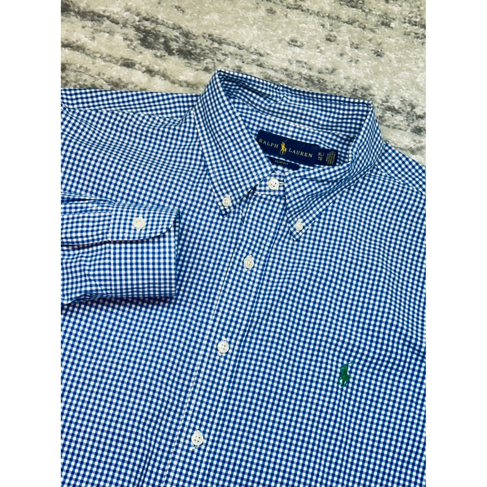 Ralph Lauren Button Down Mens XL Blue Gingham Slim Fit Long Sleeve Shirt MINT!